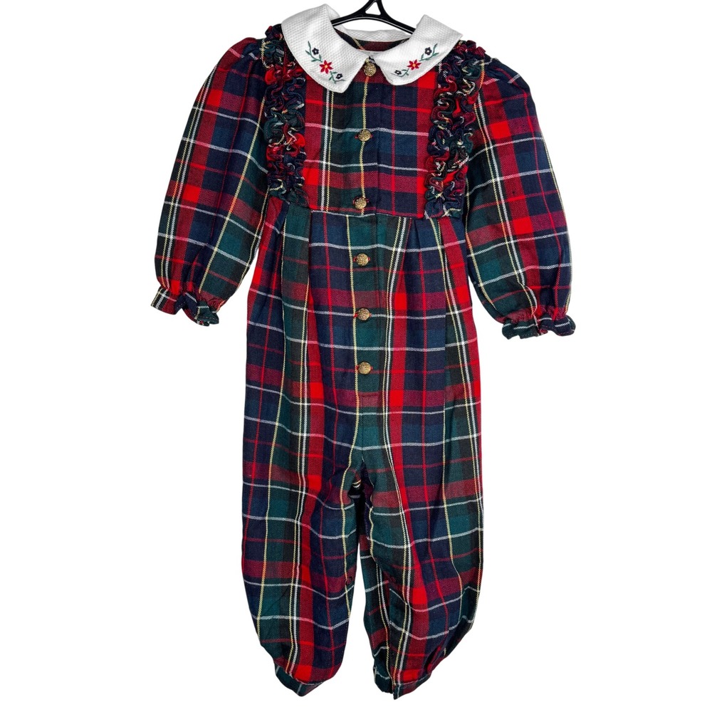 VTG Baby 24 Months Christmas Plaid Wide Leg Jumpsuit White Embroidered Collar